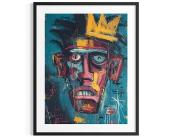 May include: Abstract portrait art print in a black frame. The artwork features a colorful, expressive face with a yellow crown against a teal background. The face is painted with bold brushstrokes in shades of red, yellow, and blue.