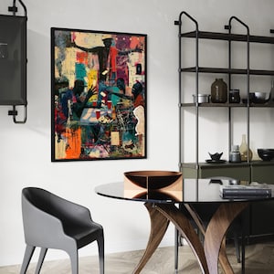 May include: A rectangular framed wall art print featuring a vibrant, multi-colored abstract scene of figures gathered around a table playing cards. The artwork incorporates layered paint splatters, bold orange and red tones, and text reading RENEGE BOOK IT RUN IT.