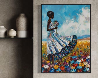 Decoración de arte negro, arte mural floral de mujer negra afrocéntrica, arte africano abstracto, arte floral femenino de niña negra, arte floral afroamericano