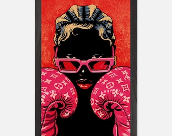 May include: Framed art print featuring a stylized illustration of a person with dark skin wearing pink sunglasses and boxing gloves. The gloves have a repeating pattern. The background is red.
