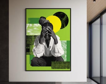 May include: A framed art print featuring a person with hands covering their face, set against a vibrant green backdrop with geometric shapes and a yellow circle. The person is wearing a white shirt. The artwork is displayed in a modern interior setting.