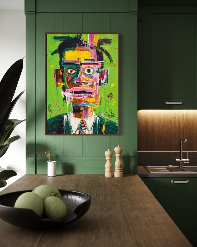 Puede incluir: Pintura de retrato abstracto con fondo verde. La obra presenta una figura con traje oscuro, camisa blanca y corbata estampada. El rostro est&aacute; pintado con colores brillantes, incluyendo amarillo, rosa y azul.