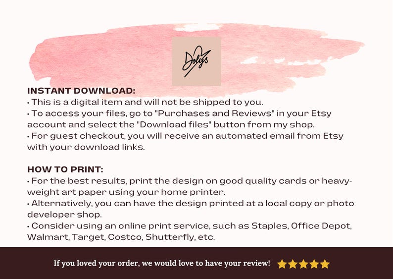 Puede incluir: Anuncio de descarga digital con un fondo de acuarela rosa. El texto incluye instrucciones sobre c&oacute;mo descargar e imprimir el art&iacute;culo digital. El logotipo de la tienda est&aacute; en el centro. La parte inferior de la imagen tiene una pancarta marr&oacute;n con una solicitud de revisi&oacute;n.