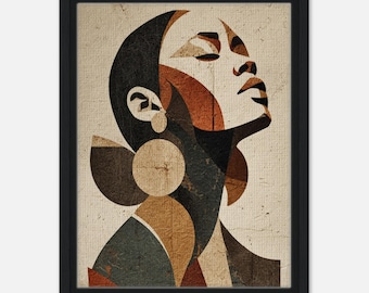 May include: Framed abstract art print depicting a woman's profile. The artwork uses geometric shapes in brown, beige, and black. The woman has her eyes closed and head tilted upwards, wearing a large circular earring. The frame is black.