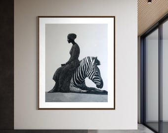 African Queen Art Black Woman Art Zebra Wall Art Black and White