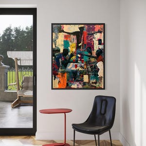 May include: A framed wall art print featuring a vibrant, multi-colored mixed media painting of several figures gathered around a table playing cards. The artwork includes text elements reading RENEGE, BOOKED, and RUN IT, with paint splatters.