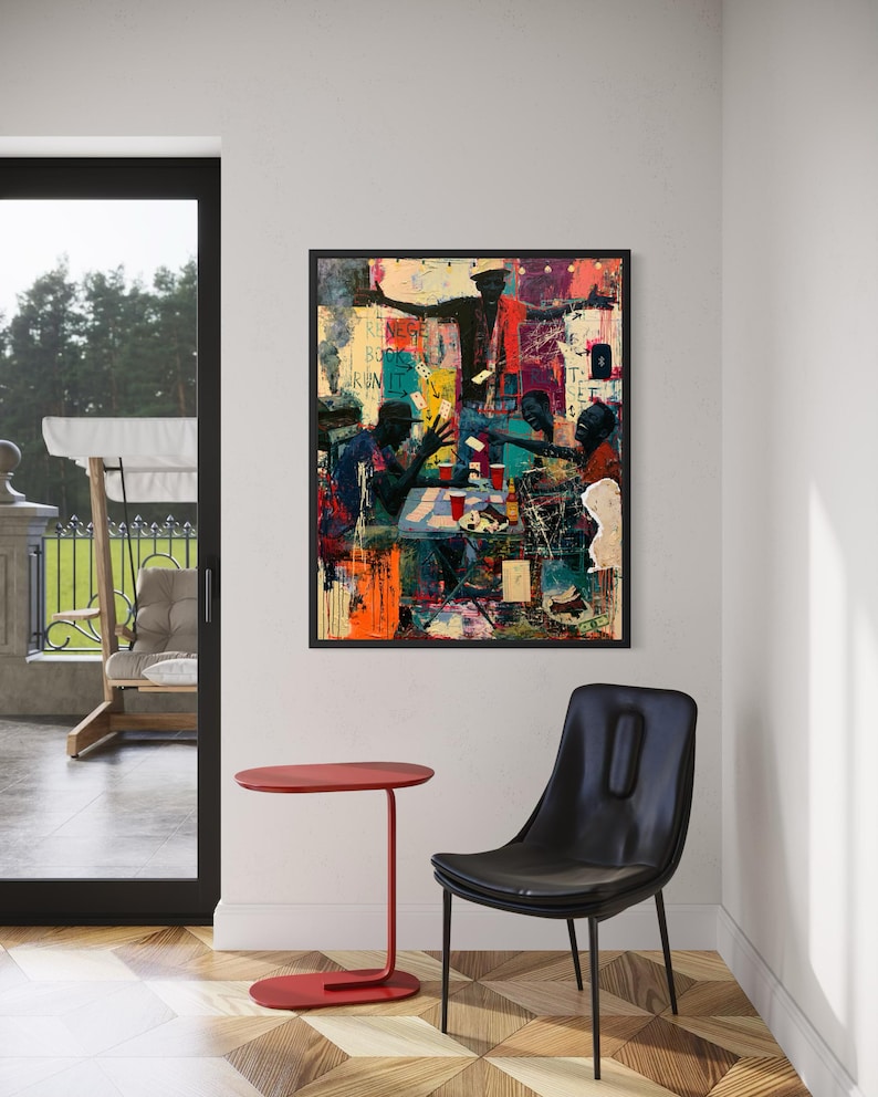 May include: A framed wall art print featuring a vibrant, multi-colored mixed media painting of several figures gathered around a table playing cards. The artwork includes text elements reading RENEGE, BOOKED, and RUN IT, with paint splatters.