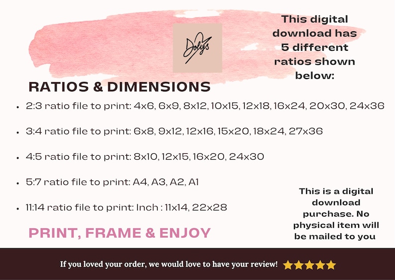 Puede incluir: Gr&aacute;fico de descarga digital con un fondo de acuarela rosa. El texto incluye proporciones de impresi&oacute;n y dimensiones para varios tama&ntilde;os, incluyendo 10x15cm, 20x25cm y 28x35cm. El texto tambi&eacute;n indica que se trata de una descarga digital.