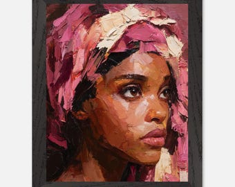Palette Knife Portrait Art Print, Pink Head Scarf Black Woman Wall Art, Impasto Oil Painting Style Poster, Modern Black Art Gift