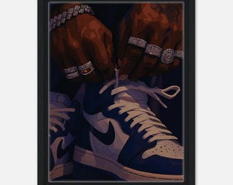 Lámina de arte negro, arte mural afroamericano, zapatillas Melanin King con incrustaciones de diamantes, manos tatuadas, lámina de decoración urbana de estilo streetwear de cultura negra para dormitorio