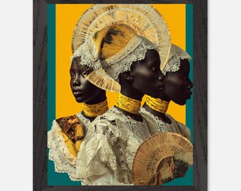 Väggkonsttryck med guldhalo, afrikansk kvinna med mässingsringar och spets, affisch med blågrön och gul afrosurrealism, svart konstgåva