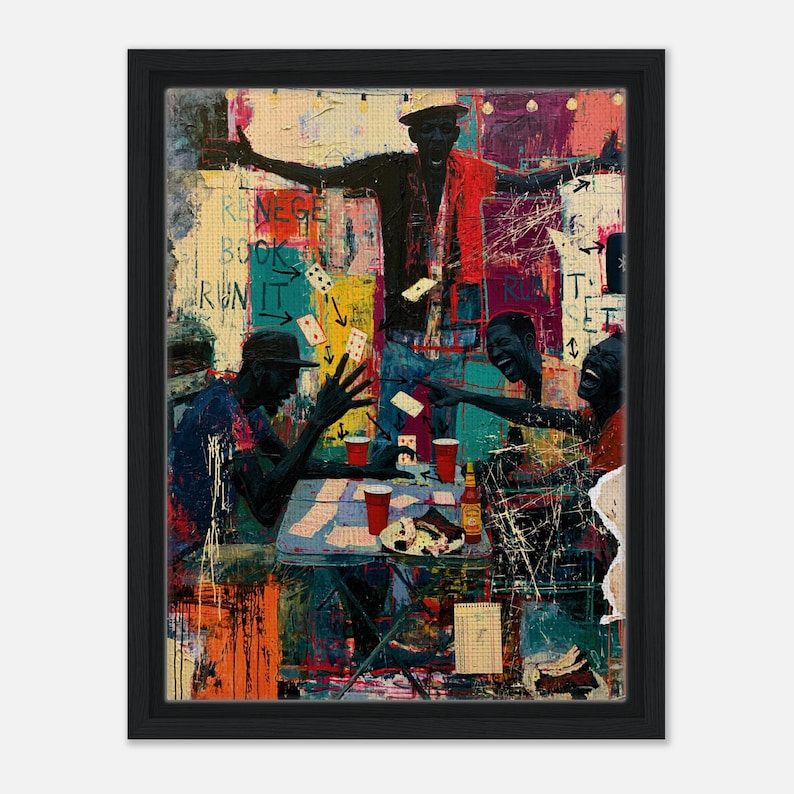 Spades Game Black Art Print, Card Game Cookout Wall Art, African American Game Night Poster, Neo Expressionist Black Men Art Gift image 1