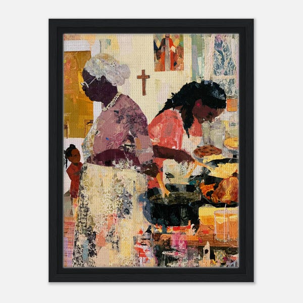 May include: A framed art print depicting two individuals cooking in a kitchen, with one person wearing a white head covering and a pearl necklace, and another person in a red top. A small child stands nearby, and a cross hangs on the wall.