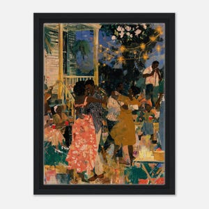 May include: A framed art print depicting an outdoor evening gathering with people dancing and socializing. The scene features a couple in the foreground, a person playing a wind instrument, string lights, and a house porch, rendered in a painterly style.