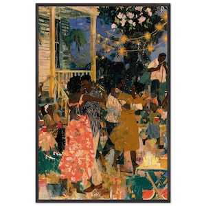 Muurposter met de tekst "Black Joy", een afbeelding van een dansende persoon op de veranda onder lichtslingers, een folkloristisch-modernistische collageposter, een cadeau voor Afro-Amerikaanse huisdecoratie.