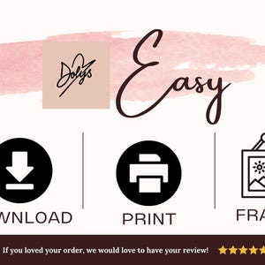 Puede incluir: Gr&aacute;fico con la palabra "Easy" en escritura cursiva, junto con iconos para descargar, imprimir y enmarcar. Tambi&eacute;n est&aacute; presente el texto "If you loved your order, we would love to have your review!"