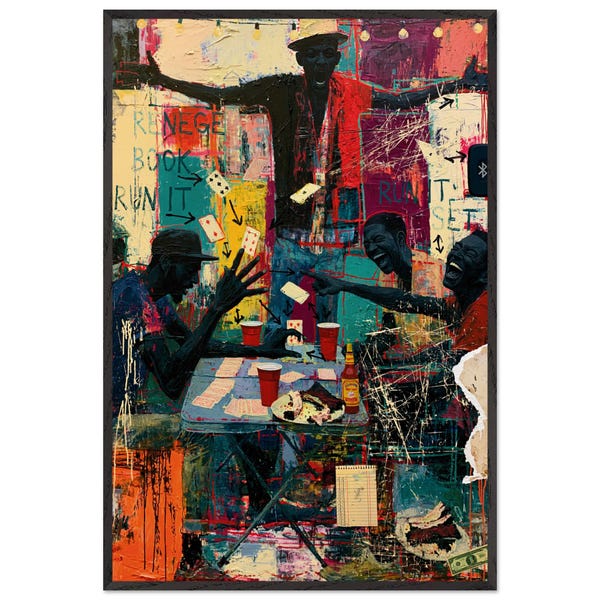 May include: A vibrant mixed-media painting depicts three figures at a table playing cards. The text RENEGADE BOOK RUN IT is visible. The scene features bold splashes of red, yellow, blue, and black paint with scattered playing cards.