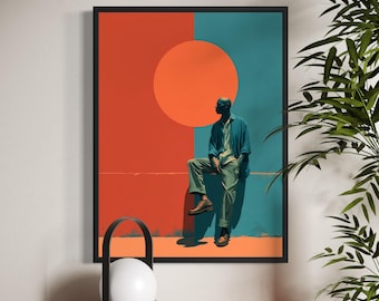 Kunstdruck „Glatzköpfiger Mann lehnt an roter und türkisfarbener Wand mit Sonne“, modernes Wandposter, Geschenkidee