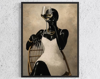 Black Woman Holding Wine Glass Art, Luxury Black Art, Black Girl Wall Art, Afrocentric Fashion Art, African American Art, Afro Chic Decor