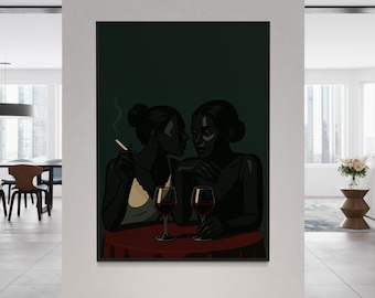 Stampa artistica nera, arte di donne nere, arte lesbica nera, arte di donne che bevono vino, arte murale di ragazze nere, arte afroamericana, poster afrocentrico