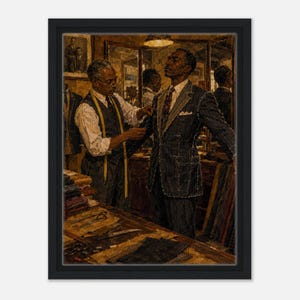 May include: A framed oil painting depicting a tailor in a workshop measuring a dark pinstriped suit jacket on a mannequin. The tailor wears a white shirt, dark vest, and a yellow measuring tape draped over the shoulders. The scene includes fabric rolls.