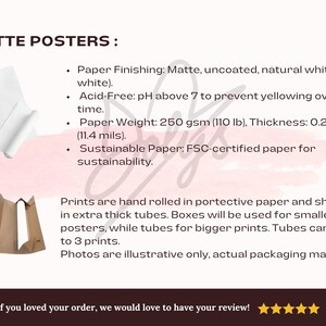 May include: A graphic with the text "MATTE POSTERS" and details about the paper, including paper finishing, weight, and thickness. The image also shows rolled posters and packaging options.