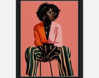 May include: A framed digital illustration of a person with dark skin and curly hair wearing round glasses, gold hoop earrings, and a split-color orange and pink top. The person wears dark green trousers with vertical orange and white stripes.