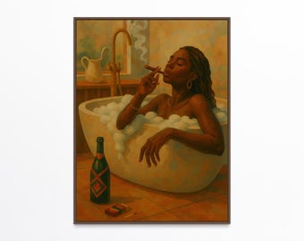 Bathroom Wall Art, Bubble Bath Cigar Portrait, Black Woman African American Art, Spa Self Care Decor, Bougie Black Art Digital Download