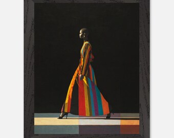 Striped Dress Black Art Print, Colorful Minimalist Woman Wall Art, Bald Black Woman Walking Poster, Modern Gallery Art Gift