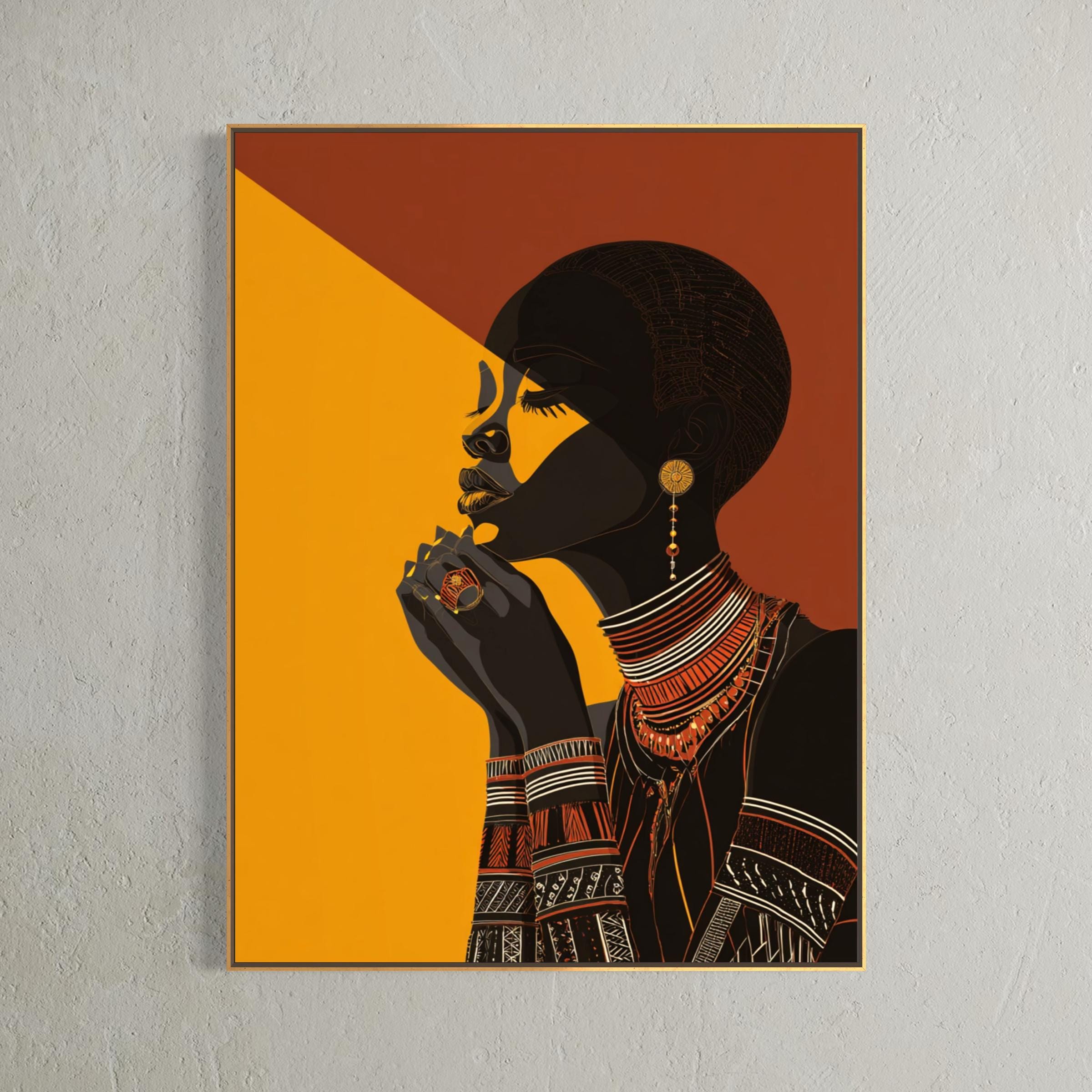 アフロ Mustard and Rust African Art Printable, Contemplative Black Woman