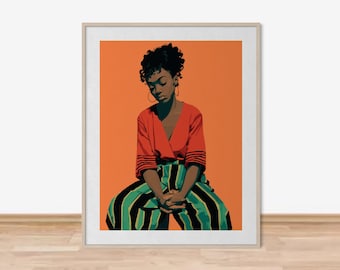 African American Art Print, Thoughtful Black Woman Curly Hair Bold Orange Teal Portrait, Melanin Girl Living Room Decor, Black Culture Print