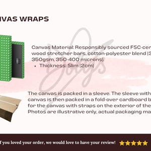 May include: A green canvas wrap with white polka dots and the text Your Design, featuring FSC-certified wood stretcher bars and a cotton-polyester blend. The 2cm thick canvas is shown with its cardboard packaging, including a sleeve and straps.