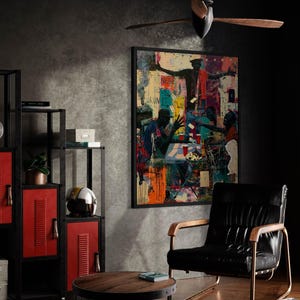 May include: A black leather armchair with wooden armrests and a metal frame, a round wooden coffee table with a metal base, a black metal shelving unit with red locker-style doors, and a large rectangular wall art piece featuring abstract figures.