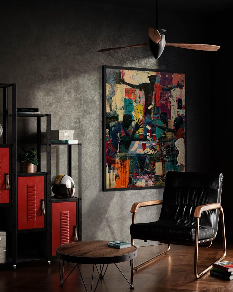 May include: A black leather armchair with wooden armrests and a metal frame, a round wooden coffee table with a metal base, a black metal shelving unit with red locker-style doors, and a large rectangular wall art piece featuring abstract figures.