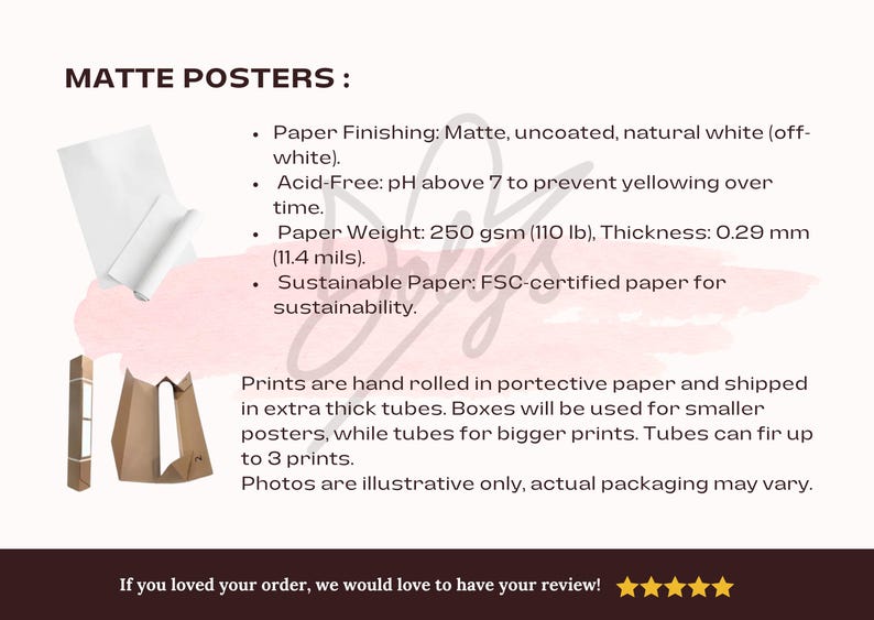 May include: Matte posters featuring natural white, acid-free paper with a 250 gsm weight and 0.29 mm thickness. The FSC-certified paper is uncoated. The visual includes a rolled paper sheet, a cardboard tube, and a protective cardboard box.
