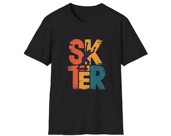 Skater silhouette graphic T-Shirt | Retro distressed letters, skateboarding design