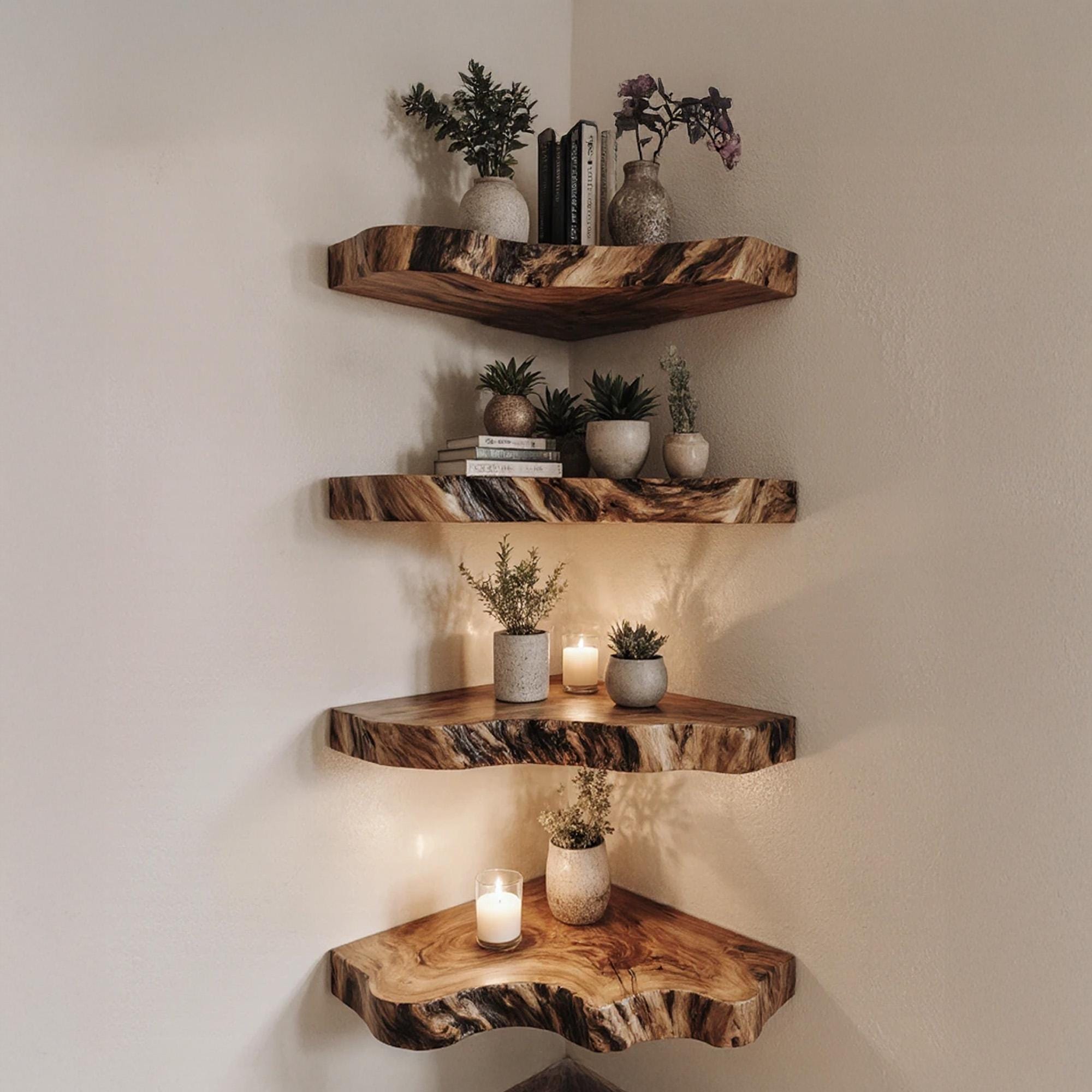 Handmade Live Edge Corner Shelf, Solid Wood Floating Bookshelf, Rustic ...
