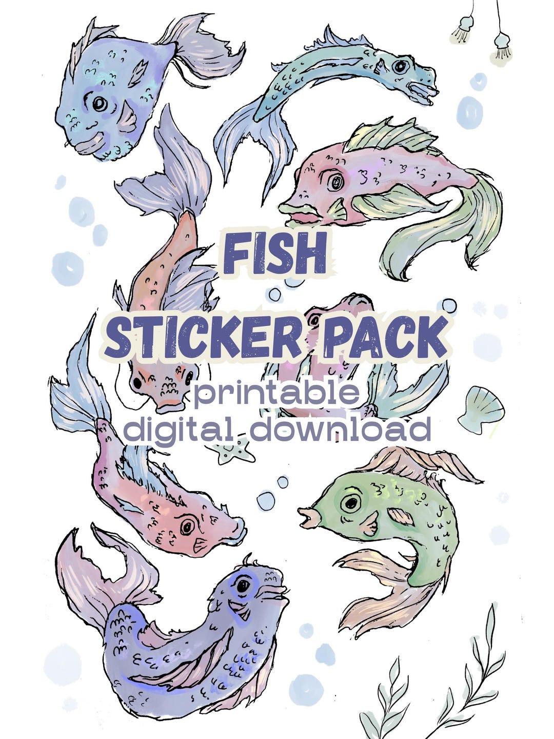 Fish Sticker Pack Printable | Hand Drawn Ocean Stickers | Scrapbooking ...
