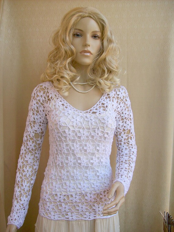 White Crochet sweater crochet blouse flowers top summer | Etsy