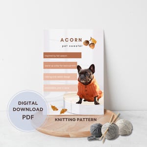 Könnte beinhalten: Eine digitale PDF-Strickanleitung für einen Eichel-Haustierpullover. Das Dokument zeigt eine Französische Bulldogge in einem orangefarbenen Pullover mit Stehkragen, Rippstrick und Zopfmuster. Drei Wollknäuel und Stricknadeln liegen darunter.