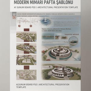 May include: Architectural presentation template on an easel. The poster features a modern design with text in Turkish and English. It includes architectural renderings of a building and surrounding landscape.