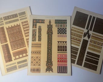 3 estampes chromolithographiques anciennes de 1868, « Grammaire des ornements » d'Owen Jones, de style victorien.