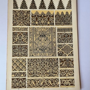 1868 Antique Chromolithograph Print Plate ARABIAN ART # 2 From Owen Jones, The Grammar Of Ornament 13 x 9&quot; Gorgeous Color Pattern Design