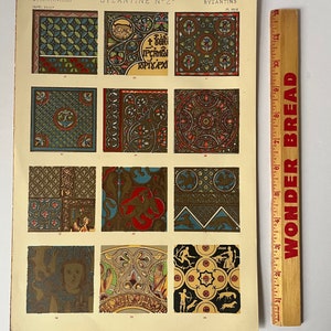 1868 Antique Chromolithograph Print Plate BYZANTINE NO. 2 From Owen Jones, The Grammar Of Ornament 13 x 9&quot; Gorgeous Color Pattern Design