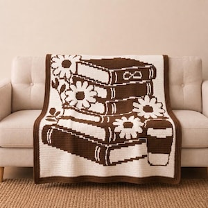 Books & Coffee Overlay Mosaic Crochet Blanket Pattern PDF, Floral Book Stack Afghan Chart, Reading Blanket, Digital Download