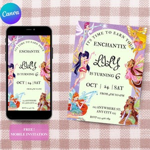 May include: A digital invitation on a smartphone and a printed card, featuring a fairy theme. The invitation is for Lily's 6th birthday, with the text "Enchantix" and "It's time to earn your wings". The date is October 24th.