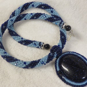 Necklace Crocheted Light and Dark Blue with Blue Goldstone Pendant