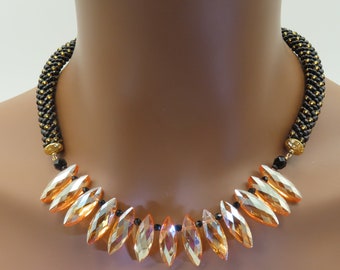 Necklace Crocheted Black Peach Beads with Faceted Marquise Peach Crystals and Earrings