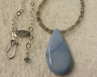 Necklace Beaded Labradorite and Sterling Chain with Blue Jasper Pendant