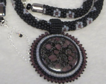 Necklace Crocheted Rope with Flowers and RubyFall Pendant